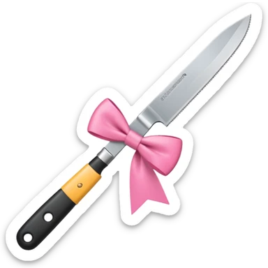 Kitchen knife with a pink bow tied around the handle, emoji style, simple, flat vector, white background, only one object sticker
