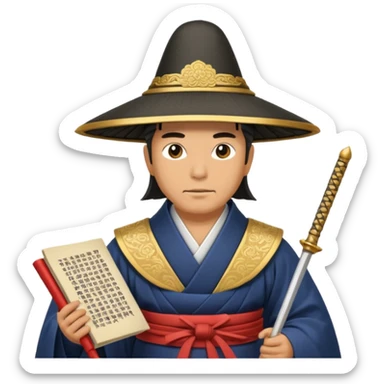 Samurai lord, Elegant noble in long robes with tall hat, holding a scroll of orders. sticker