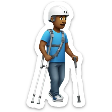 a man on crutches with a helmet sticker
