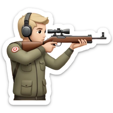 A focused shooter aiming a rifle at a target, standing in a shooting range with perfect posture. The target is in clear view, and the atmosphere is intense and precise, emphasizing concentration, accuracy, and discipline in the sport of shooting. sticker
