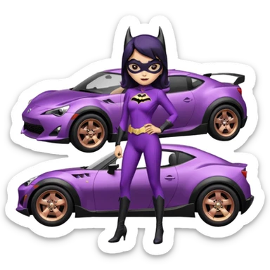 Relaxed adult 60’s Batgirl themed Satin black and rose gold colored Scion FR-S hot rod off road capable (tight fitting purple suit with black hair on her) sticker