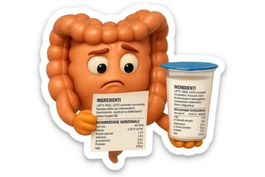 SU QUESTO STILE FAI UN EMOJI STILE IPHONE 3D DI UN INTESTINO CHE HA IN MANO UN BARATTOLO DI YOGURT CONFEZIONATO DA SUPERMERCATO E LEGGE L'ETICHETTA NUTRIZIONALE CON GLI INGREDIENTI IN ITALIANO, ACCANTO ALLO YOGURT CHE HA IN MANO C'è UN FOCUS SULL'ETICHETTA CON GLI INGREDIENTI SCRITTI, FAGLI UN ESPRESSIONE CONFUSA MENTRE LEGGE E FALLO MOLTO REALISTICO IN 3D sticker