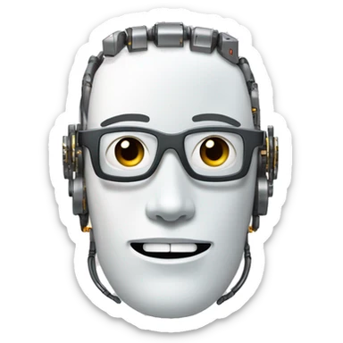 Robotic Cyborg head with fair skin, flat top haircut, rectangular glasses, circuits and smiling  sticker
