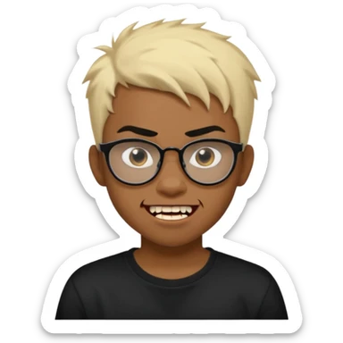 Black Male Teenager with Short punk messy blonde hair, Dark brown bushy eyebrows large expressive golden-brown eyes, wearing a plain white t-shirt, wearing thick black glasses, Dark Brown skin color. Showing off his vampire tooth sticker