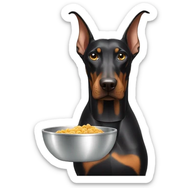 Doberman with pointed ears holding a silver dog bowl in its mouth sticker