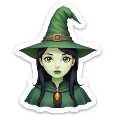 a lady with green skin and black hair wearing a witch hat  sticker