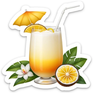 A beautiful cocktail with a creamy white to orange gradient, containing coconut juice and mango, reminiscent of summer. Above, there are tropical flowers, lemon slices, and straws. sticker