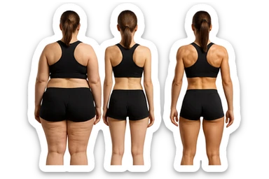 fai una donna di spalle in gym shorts leggermente sovrappeso e con cellulite e accanto una seconda donna di spalle magra (che è dimagrita post dieta) e accanto una terza donna in forma allenata e con le giuste proporzioni, l'immagine deve rappresentare il processo: da donna grassa, a donna piatta e magra, a donna allenata e in forma con i giusti muscoli, iperrealistico 4k sticker