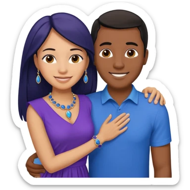 smiling embracing interracial couple. man is tan and has brown straight hair he is wearing blue. woman has very dark color skin and long black hair. she is wearing purple and has matching blue jewelry on sticker