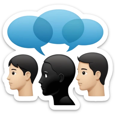 Minimalistic flat vector icon, iOS style, thin black contour on white background. Human head with speech bubble and small group of people silhouettes listening. Clean, no text, no shadows sticker