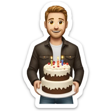 White man brown hair jeans jacket with birthday cake sticker
