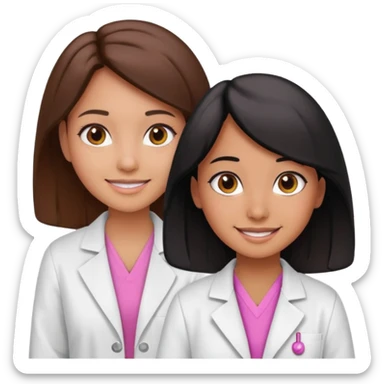 cientificas con blusa rosa y bata blanca felices, una chica con pelo marrón y otra chica un poco mas pequeña como una niña con pelo negro, deben tener la piel un poco bronceadas sticker