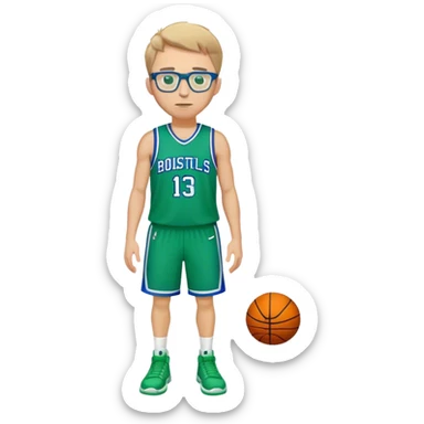 full body white male basketball wearing glasses in blue an green uniform sticker