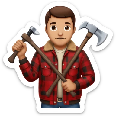 Man wearing buffalo plaid jacket with an axe sticker