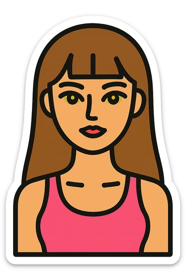 modern icon design of an American girl with long brown hair with bangs, hazel siren eyes, pink tank top, slim, clean and simple sticker