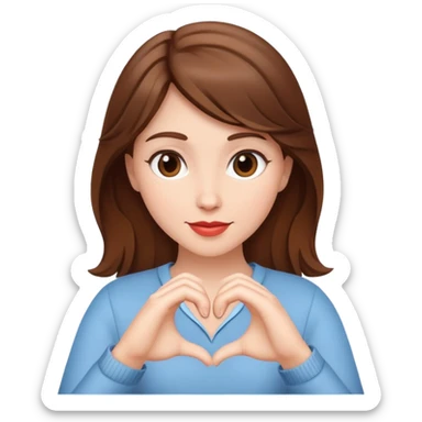White woman with brown hair and heart hands sticker