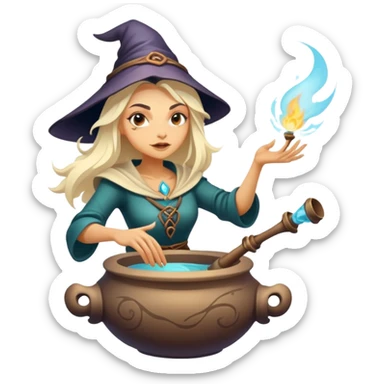 Baba Yaga sorceress woman flying in a mortar, magical aura sticker