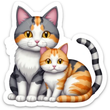 full body colourful light patched calico + white tabby cat cuddling a big dark grey and white tabby cat  sticker