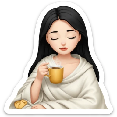 black hair girl long hair inside a white milky satin blanket sipping coffee eyes closed  sticker