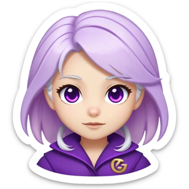 Chibi Sable Ward with playful wink, white hair with purple streaks, fully purple eyes, with small GG text appearing beside her sticker