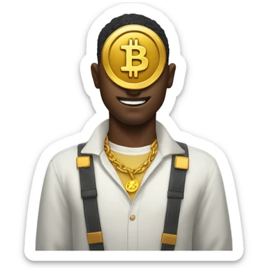 Man with golden dollar in place of his eyes, and a Bitcoin logo on his chest. sticker