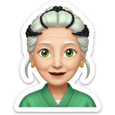 abuela con ojos verdes, pelo blanco, pelo blanco y amarrado, aspecto feliz sticker
