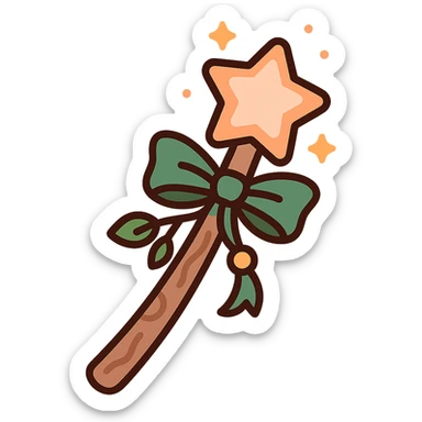 A cute and magical wand with an elegant, whimsical design, incorporating a color palette of golden orange (FA9B41), forest green (4A7C5C), soft taupe brown (96775A), and pastel peach (FFCC9A). The wand is slender and slightly curved, made of smooth wood with delicate carvings. At the top, there's a glowing gem or star in peachy tones, surrounded by tiny sparkles. Decorative elements like a ribbon, tiny leaves, or a small charm add a cozy, storybook-like charm. The overall look is gentle, enchanting, and magical, perfect for a forest fairy or a kindhearted young wizard. sticker