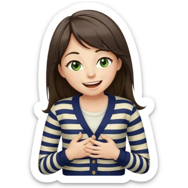 Gorgeous brunette girl green eyes, striped cream and navy blue cardigan and cream shirt, with swoop bangs and long hair having fun, laughing with mouth closed eyes closed, hand on stomach laughing sticker