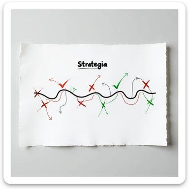 hyperrealistic 4K sheet of paper with the word 'strategia' and a wavy line connecting various points, some with red crosses and others with green check marks, like a path of stages, photorealistic style sticker