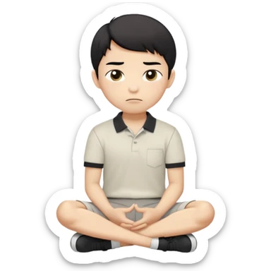A cartoon young Asian boy with short black hair, light beige skin, and large expressive eyes, wearing a white polo shirt, gray pants, and black shoes. He sits cross-legged on the ground, one fist resting on his cheek, with a closed-mouth smirk. Clean lines, flat colors, solid black background. sticker