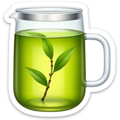 Green tea in traditional Chinese clear glass, fresh tea leaves, emoji style sticker