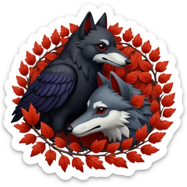 A raven and a wolf curled together with Weirwood leaves beneath them  sticker