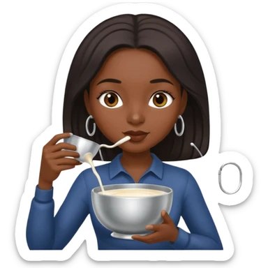 Dark Women drinking  from sliver milk bowl with only leash on sticker