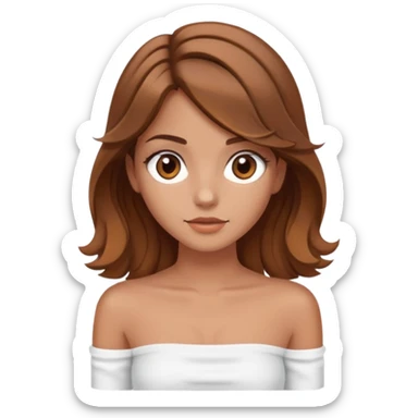 A lightly bronzed girl with medium brown color hair at a medium length with 2b waves, also with brown eyes wearing a white tube top sticker