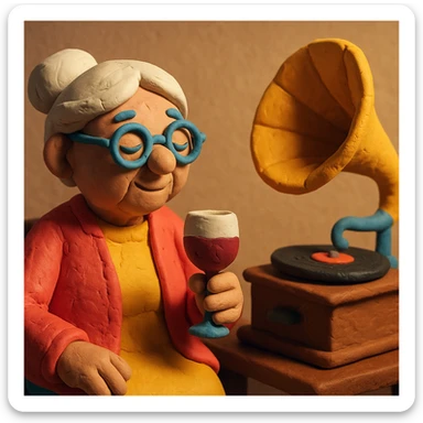 old lady with wineglass listening to gramophone sticker