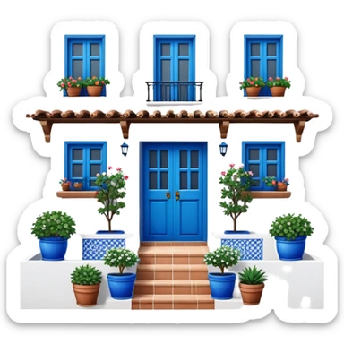 Andalusian-style Spanish house with white walls, blue accents, and flowerpots on windows sticker