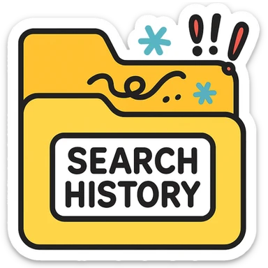 cartoon icon of a file folder labeled 'search history' with comical doodles and exclamation marks sticker