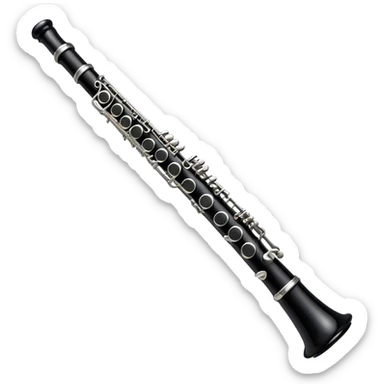 Create an emoji, representing a black standard clarinet. The design should feature a smooth, glossy black body of the clarinet with shiny, silver keys clearly visible. Highlight the intricate details of the mouthpiece and reed at the top, while the body of the instrument should remain simple and elegant. Add subtle musical notes or soundwaves floating around the instrument to symbolize its clear, melodic sound. Use black for the body, silver for the keys, and soft lighting effects to give the instrument a polished, sophisticated look. The background should be transparent. sticker