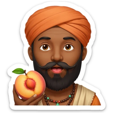 Indian man with a long beard licking a peach sticker