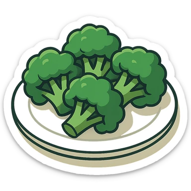 a plate with several broccoli florets, 2D isometric illustration style sticker