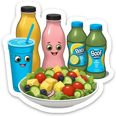 Meal prep pastel flatlay for travel: salads in clear container beside an electrolyte drink with pink cap sticker