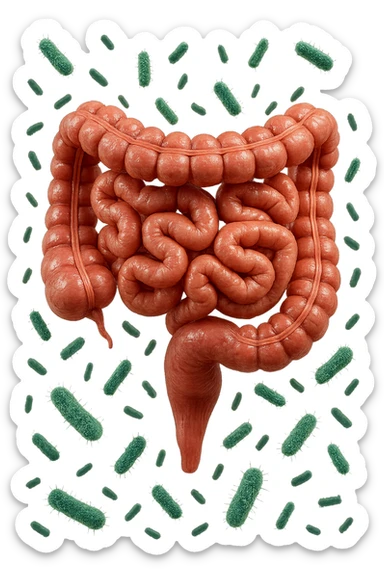 intestino umano anatomico con batteri intestinali che gli fluttuano intorno, iperrealistico 4k sticker