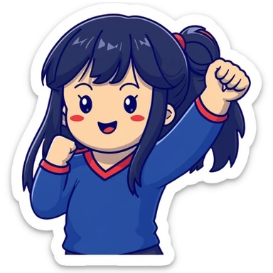 East Asian woman with long black straight hair and bangs wearing navy and white Doosan Bears team colors, cheering sticker