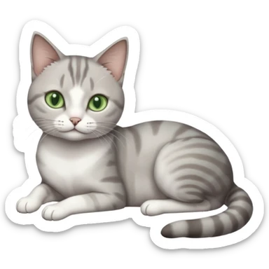 full body tiny short hair grey and white cat with white front legs and green  eyes lying down sticker