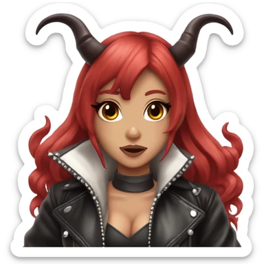 demon hime gyaru girl, red hair, devil horns, leather coat sticker