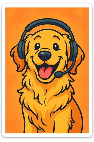 golden retriever with a headset, smiling, cartoon style, cheerful, colorful sticker