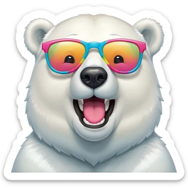 laughing polar bear headshot wearing a t-shirt and oversized colorful glasses sticker