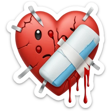 Un corazón roto con grietas  sangrando y expulsando sangre rodeado de vendas y tiritas que se despegan sin hacer efecto sticker