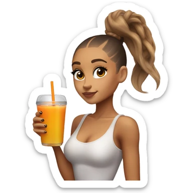 Ariana Grande wearing spray tan and holding a cookie and a glass of orange juice, she is wearing a high ponytail and staring directly sticker