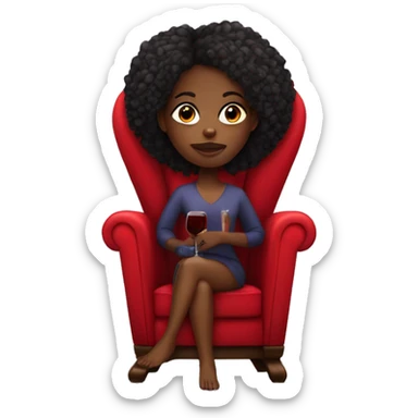 black girl sitting cross-legged on big red throne chair with one glass of wine in her hand sticker